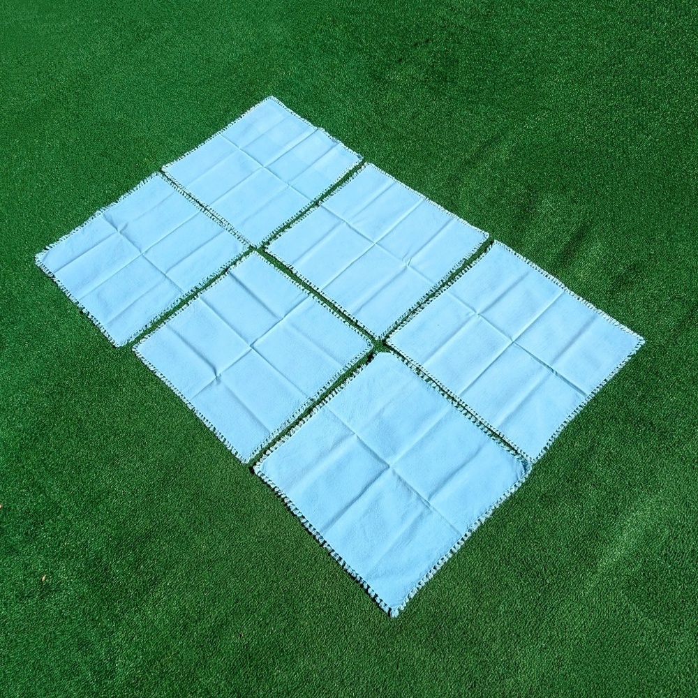 Vintage Placemats Sky Blue Self Fringe Table Linen 17”x17” 6-Pc Crosshatch Set